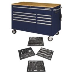 Husky 52 In. W X 25 In. D 9-Drawer Gloss Blue Mobile Workbench Tool Chest With Mechanics Tool Set In Foam (320-Piece)