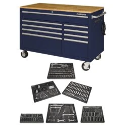 Husky 52 In. W X 25 In. D 9-Drawer Gloss Blue Mobile Workbench Tool Chest With Mechanics Tool Set In Foam (370-Piece)