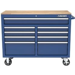 Husky Tool Storage 46 In. W X 18 In. D 9-Drawer Gloss Blue Mobile Workbench Cabinet -Husky Shop gloss blue husky mobile workbenches h46x18mwc9blu 1d 1000