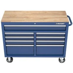 Husky Tool Storage 46 In. W X 18 In. D 9-Drawer Gloss Blue Mobile Workbench Cabinet -Husky Shop gloss blue husky mobile workbenches h46x18mwc9blu fa 1000
