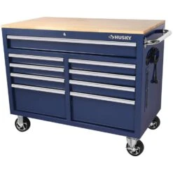 Husky 46 In. W X 24.5 In. D Standard Duty 9-Drawer Mobile Workbench Cabinet With Solid Wood Top In Gloss Blue