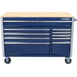 Husky 52 In. W X 25 In. D 10-Drawer Mobile Workbench Tool Chest With Solid Wood Work Top In Gloss Blue -Husky Shop gloss blue with silver trim husky mobile workbenches h52mwc10blu 1d 1000