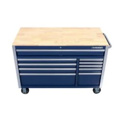 Husky 52 In. W X 25 In. D 10-Drawer Mobile Workbench Tool Chest With Solid Wood Work Top In Gloss Blue -Husky Shop gloss blue with silver trim husky mobile workbenches h52mwc10blu 1f 1000