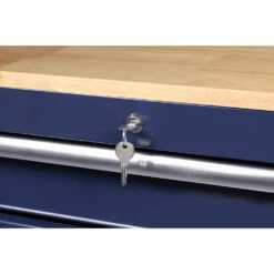 Husky 52 In. W X 25 In. D 10-Drawer Mobile Workbench Tool Chest With Solid Wood Work Top In Gloss Blue -Husky Shop gloss blue with silver trim husky mobile workbenches h52mwc10blu 44 1000