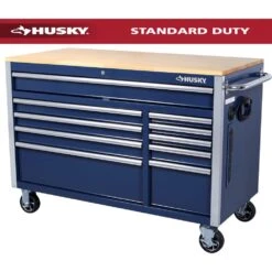 Husky 52 In. W X 25 In. D 10-Drawer Mobile Workbench Tool Chest With Solid Wood Work Top In Gloss Blue