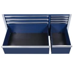 Husky 52 In. W X 25 In. D 10-Drawer Mobile Workbench Tool Chest With Solid Wood Work Top In Gloss Blue -Husky Shop gloss blue with silver trim husky mobile workbenches h52mwc10blu 76 1000