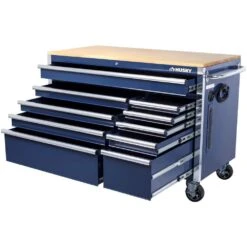 Husky 52 In. W X 25 In. D 10-Drawer Mobile Workbench Tool Chest With Solid Wood Work Top In Gloss Blue -Husky Shop gloss blue with silver trim husky mobile workbenches h52mwc10blu a0 1000