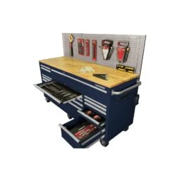 Husky 72 In. W X 24 In. D 18-Drawer Standard Duty Mobile Workbench Tool Chest With Solid Wood Top And Pegboard In Gloss Blue -Husky Shop gloss blue with silver trim husky mobile workbenches hotc7218b32m 4f 1000