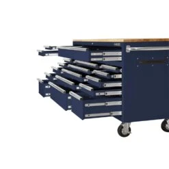 Husky 72 In. W X 24 In. D 18-Drawer Standard Duty Mobile Workbench Tool Chest With Solid Wood Top And Pegboard In Gloss Blue -Husky Shop gloss blue with silver trim husky mobile workbenches hotc7218b32m c3 1000