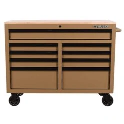 Husky Standard Duty 46 In. W X 18 In. D 9-Drawer Gloss Tan Mobile Workbench Cabinet With Solid Wood Top -Husky Shop gloss desert tan husky mobile workbenches h46x18mwc9tan 40 1000