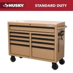 Husky Standard Duty 46 In. W X 18 In. D 9-Drawer Gloss Tan Mobile Workbench Cabinet With Solid Wood Top