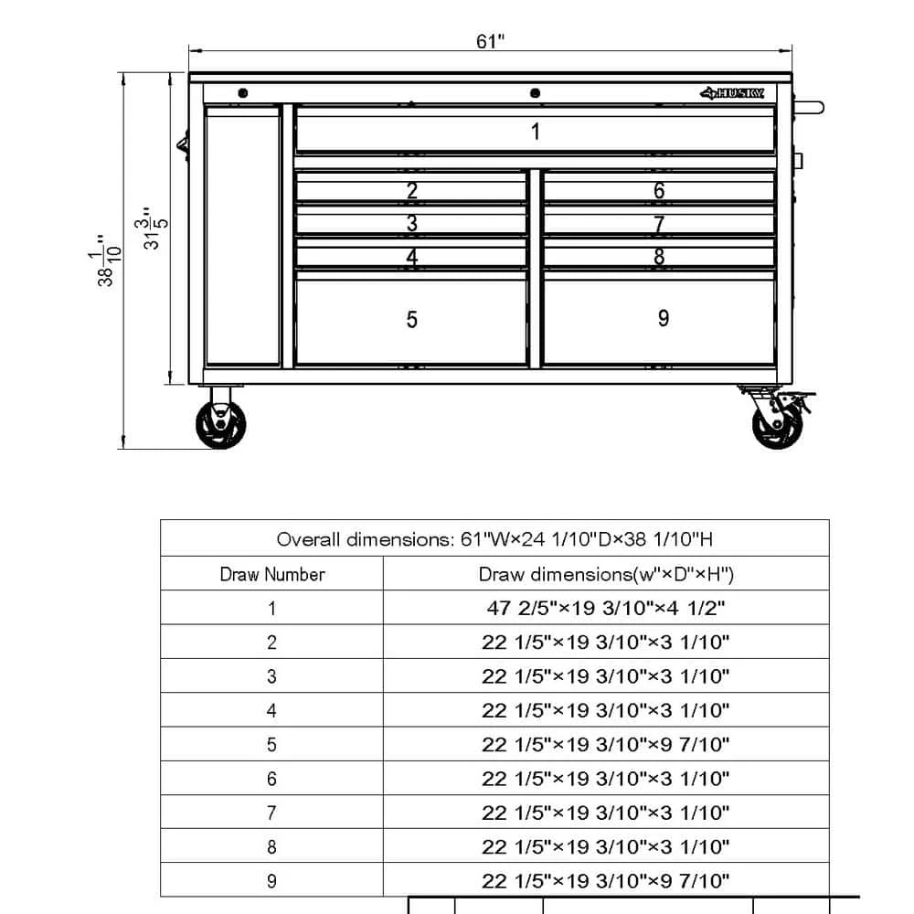Husky 61 In. W X 24 In. D Standard Duty 10-Drawer Mobile Workbench Tool Chest With Sliding Bin Storage Drawer In Silver 15 Husky 61 In. W X 24 In. D Standard Duty 10-Drawer Mobile Workbench Tool Chest With Sliding Bin Storage Drawer In Silver - Image 15
