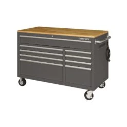 Husky 52 In. W X 25 In. D Standard Duty 9-Drawer Mobile Workbench Cabinet With Solid Wood Top In Gloss Gray