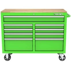 Husky 46 In. W X 18 In. D 9-Drawer Gloss Green Mobile Workbench Cabinet With Solid Wood Top -Husky Shop gloss green husky mobile workbenches h46x18mwc9grn 40 1000