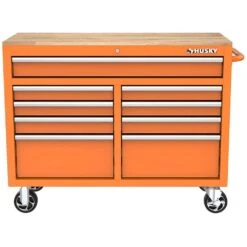 Husky 46 In. W X 18 In. D 9-Drawer Gloss Orange Mobile Workbench Cabinet With Solid Wood Top -Husky Shop gloss orange husky mobile workbenches h46x18mwc9org 40 1000