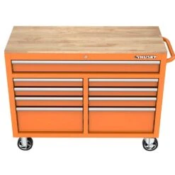 Husky 46 In. W X 18 In. D 9-Drawer Gloss Orange Mobile Workbench Cabinet With Solid Wood Top -Husky Shop gloss orange husky mobile workbenches h46x18mwc9org a0 1000