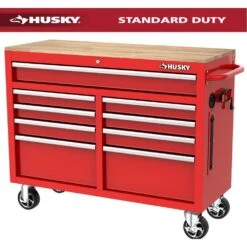 Husky Tool Storage 46 In. W X 18 In. D 9-Drawer Gloss Red Mobile Workbench Cabinet
