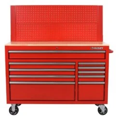 Husky 52 In. W 10-Drawer Gloss Red Mobile Workbench Cabinet With Solid Wood Top And Pegboard -Husky Shop gloss red husky mobile workbenches h52mwc10modredp 40 1000