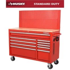 Husky 52 In. W 10-Drawer Gloss Red Mobile Workbench Cabinet With Solid Wood Top And Pegboard