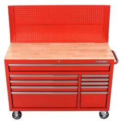 Husky 52 In. W 10-Drawer Gloss Red Mobile Workbench Cabinet With Solid Wood Top And Pegboard -Husky Shop gloss red husky mobile workbenches h52mwc10modredp a0 1000