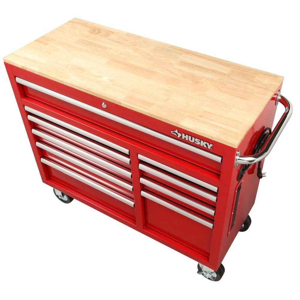 Husky 42 In. W X 18.1 In. D Standard Duty 10-Drawer Mobile Workbench Tool Chest With Solid Wood Top In Gloss Red 11 Husky 42 In. W X 18.1 In. D Standard Duty 10-Drawer Mobile Workbench Tool Chest With Solid Wood Top In Gloss Red - Image 11