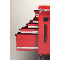 Husky 42 In. W X 18.1 In. D Standard Duty 10-Drawer Mobile Workbench Tool Chest With Solid Wood Top In Gloss Red 21 Husky 42 In. W X 18.1 In. D Standard Duty 10-Drawer Mobile Workbench Tool Chest With Solid Wood Top In Gloss Red -Husky Shop gloss red with silver finishes husky mobile workbenches h42mwc10r tl 4f 1000