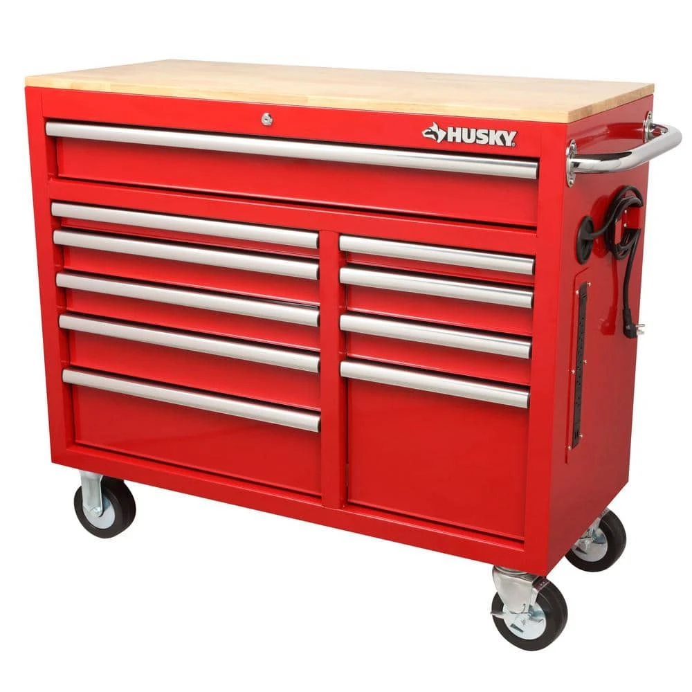 Husky 42 In. W X 18.1 In. D Standard Duty 10-Drawer Mobile Workbench Tool Chest With Solid Wood Top In Gloss Red 1 Husky 42 In. W X 18.1 In. D Standard Duty 10-Drawer Mobile Workbench Tool Chest With Solid Wood Top In Gloss Red