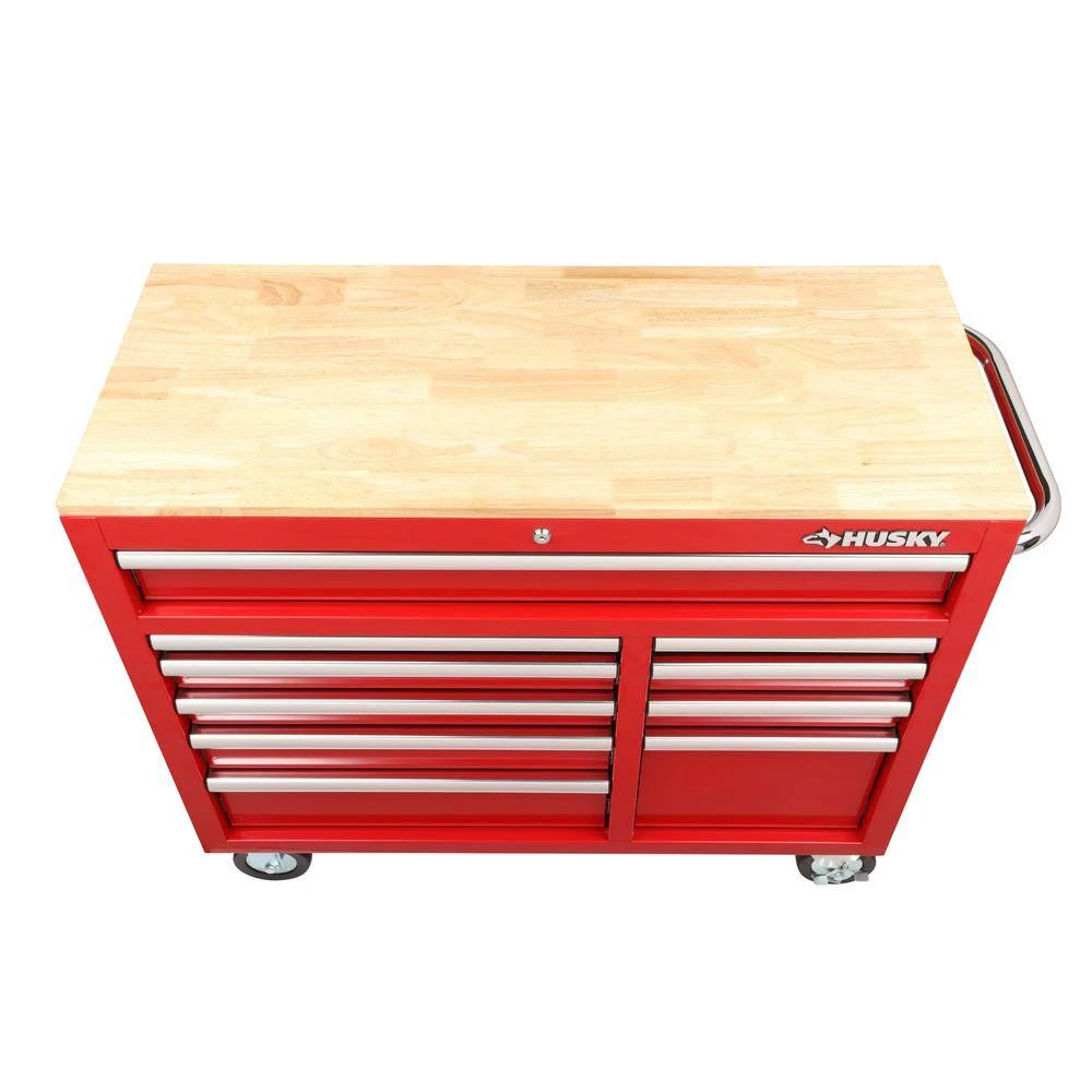 Husky 42 In. W X 18.1 In. D Standard Duty 10-Drawer Mobile Workbench Tool Chest With Solid Wood Top In Gloss Red 4 Husky 42 In. W X 18.1 In. D Standard Duty 10-Drawer Mobile Workbench Tool Chest With Solid Wood Top In Gloss Red - Image 4