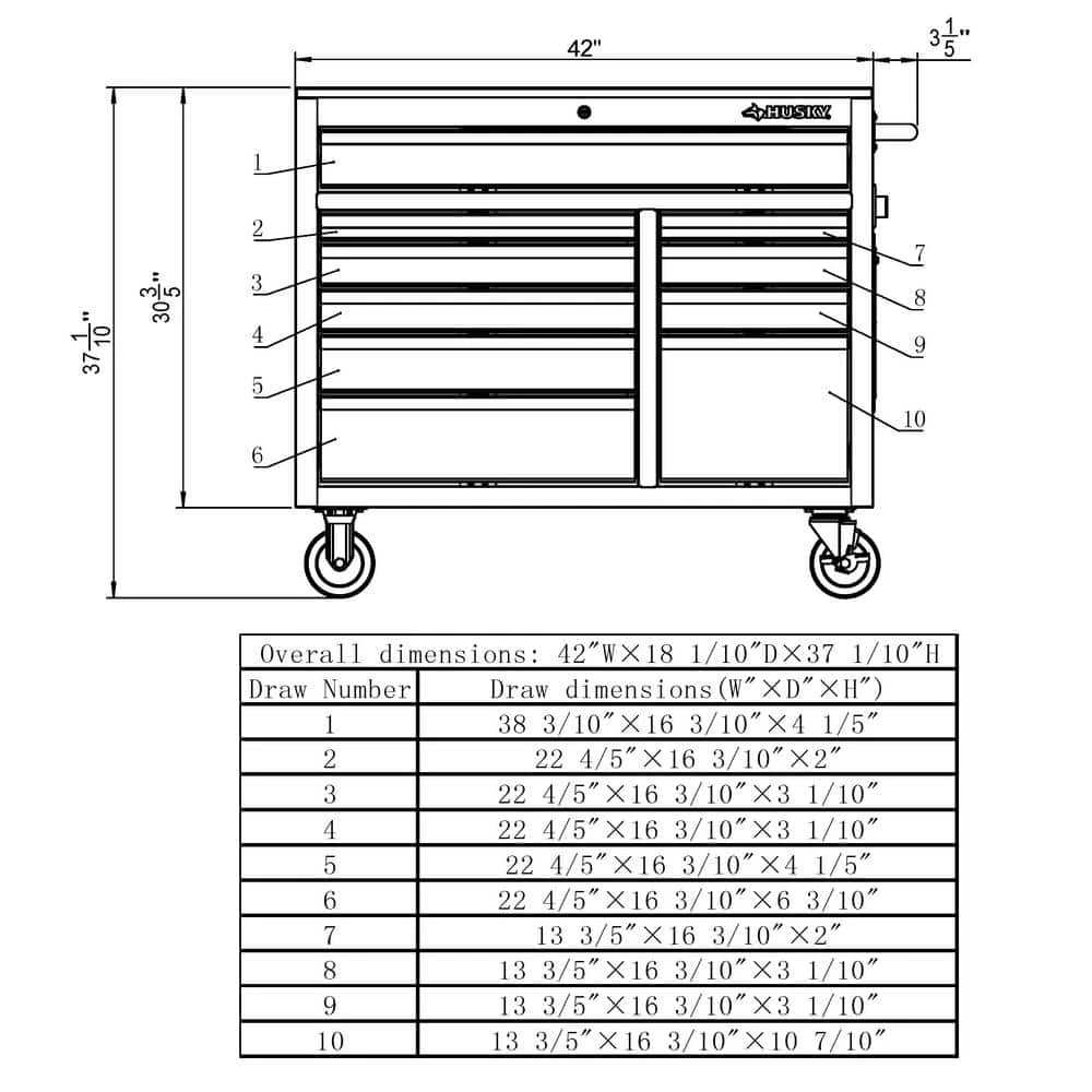 Husky 42 In. W X 18.1 In. D Standard Duty 10-Drawer Mobile Workbench Tool Chest With Solid Wood Top In Gloss Red 2 Husky 42 In. W X 18.1 In. D Standard Duty 10-Drawer Mobile Workbench Tool Chest With Solid Wood Top In Gloss Red - Image 2