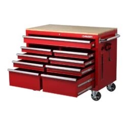 Husky 46 In. W X 24.5 In D Standard Duty 9-Drawer Mobile Workbench With Mechanics Tool Set (290-Piece) In EVA In Gloss Red -Husky Shop gloss red with silver trim husky mobile workbenches h290tb46redcb 4f 1000