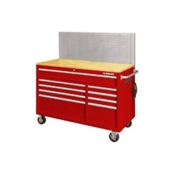 Husky 52 In. W X 24.5 In. D 9-Drawer Standard Duty Mobile Workbench Tool Chest With Solid Work Top And Pegboard In Gloss Red