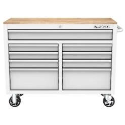 Husky Tool Storage 46 In. W X 18 In. D 9-Drawer Gloss White Mobile Workbench Cabinet -Husky Shop gloss white husky mobile workbenches h46x18mwc9wht 1d 1000
