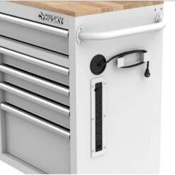 Husky Tool Storage 46 In. W X 18 In. D 9-Drawer Gloss White Mobile Workbench Cabinet -Husky Shop gloss white husky mobile workbenches h46x18mwc9wht 1f 1000