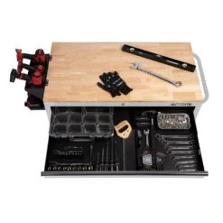 Husky 46 In. W X 25 In. D Standard Duty 9-Drawer Mobile Workbench Cabinet With Solid Wood Top In Gloss White -Husky Shop gloss white with silver trim husky mobile workbenches h46mwc9gwv2 77 1000