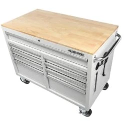 Husky 46 In. W X 25 In. D Standard Duty 9-Drawer Mobile Workbench Cabinet With Solid Wood Top In Gloss White -Husky Shop gloss white with silver trim husky mobile workbenches h46mwc9gwv2 a0 1000