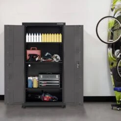 Husky Regular Duty 36 In. W X 72 In. H X 18 In. D 4-Shelf 22-Gauge Steel Freestanding Garage Storage Cabinet In Black And Gray -Husky Shop gray black husky free standing cabinets kf3f361872 h9 31 1000
