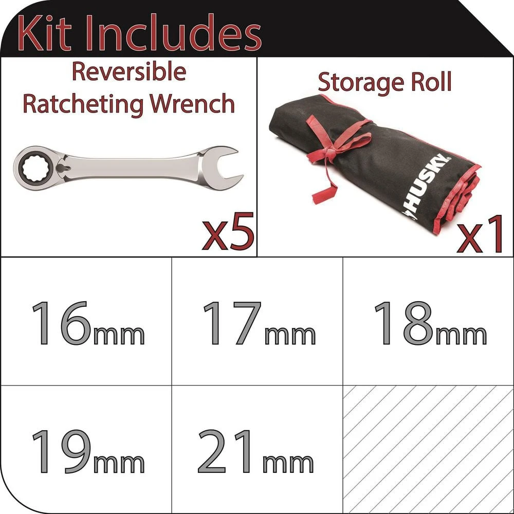 Husky 72-Tooth Large Reversible Metric Ratcheting Wrench Set (5-Piece) 2 Husky 72-Tooth Large Reversible Metric Ratcheting Wrench Set (5-Piece) - Image 2