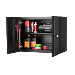 Husky Pro Duty Welded 20-Gauge Steel Wall Mounted Garage Cabinet In Black LINE-X (28 In. W X 22 In. H X 14 In. D) -Husky Shop husky black linex husky wall mounted cabinets htc1000010 lx 1d 1000