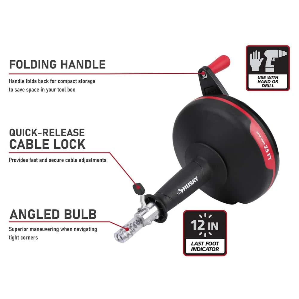 Husky 25 Ft. Power Drum Drain Snake Drill-Operated Auger For Sink, Tub And Shower Clogs 3 Husky 25 Ft. Power Drum Drain Snake Drill-Operated Auger For Sink, Tub And Shower Clogs - Image 3