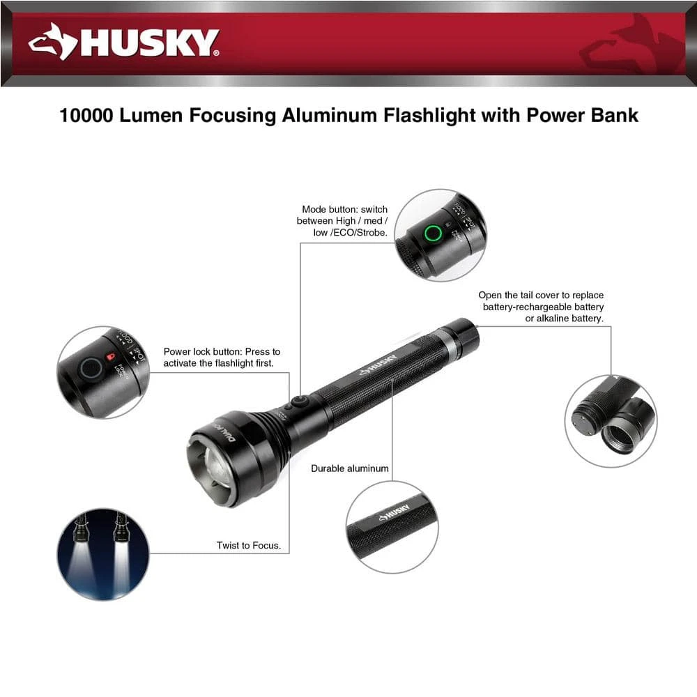 Husky 10000 Lumens Dual Power Focusing Aluminum Rechargeable Flashlight 11 Husky 10000 Lumens Dual Power Focusing Aluminum Rechargeable Flashlight - Image 11