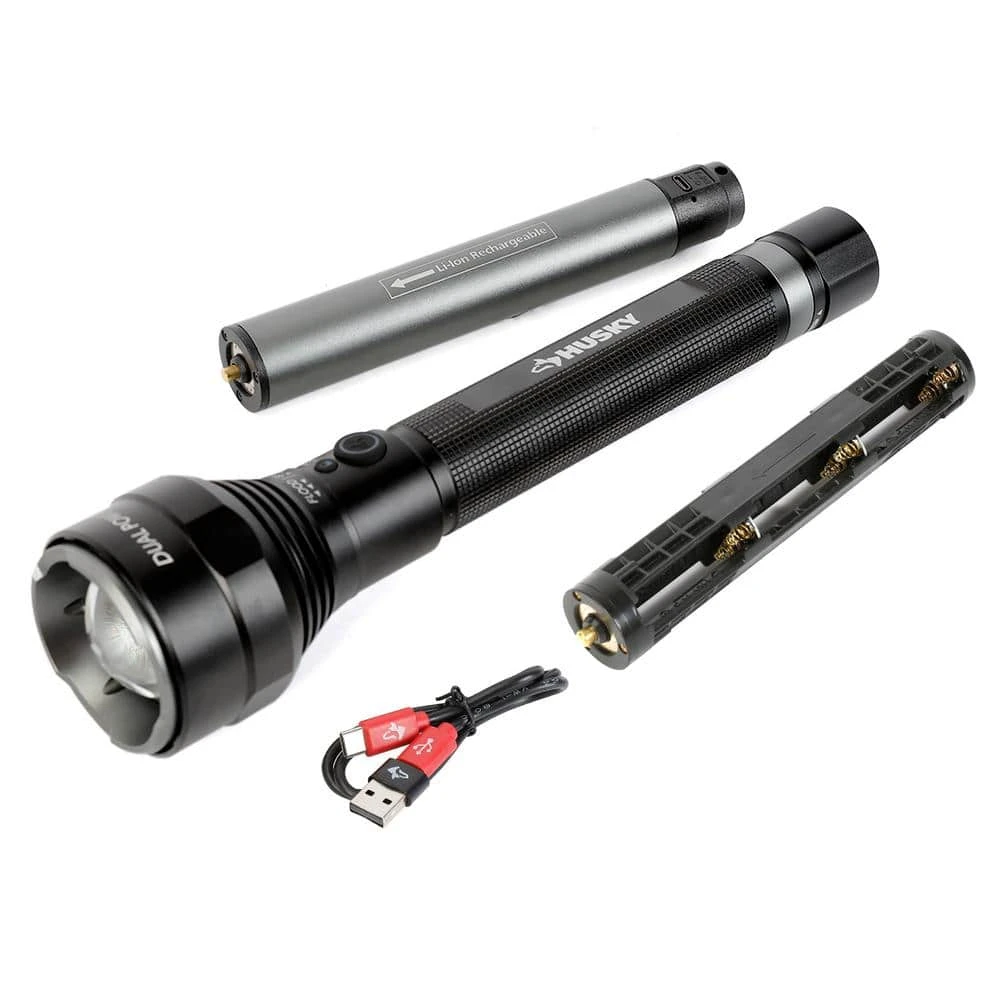 Husky 10000 Lumens Dual Power Focusing Aluminum Rechargeable Flashlight 1 Husky 10000 Lumens Dual Power Focusing Aluminum Rechargeable Flashlight