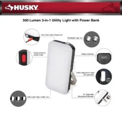 Husky 500 Lumens 3-in-1 Rechargeable Utility Light With 10000 MAh Power Bank -Husky Shop husky handheld spotlights 91400 4f 1000