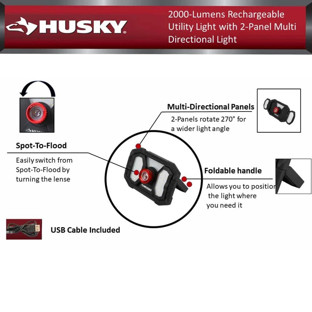 Husky 2000-Lumens LED Dual Panel Focusing Rechargeable Utility Light (2-Pack) 13 Husky 2000-Lumens LED Dual Panel Focusing Rechargeable Utility Light (2-Pack) - Image 13