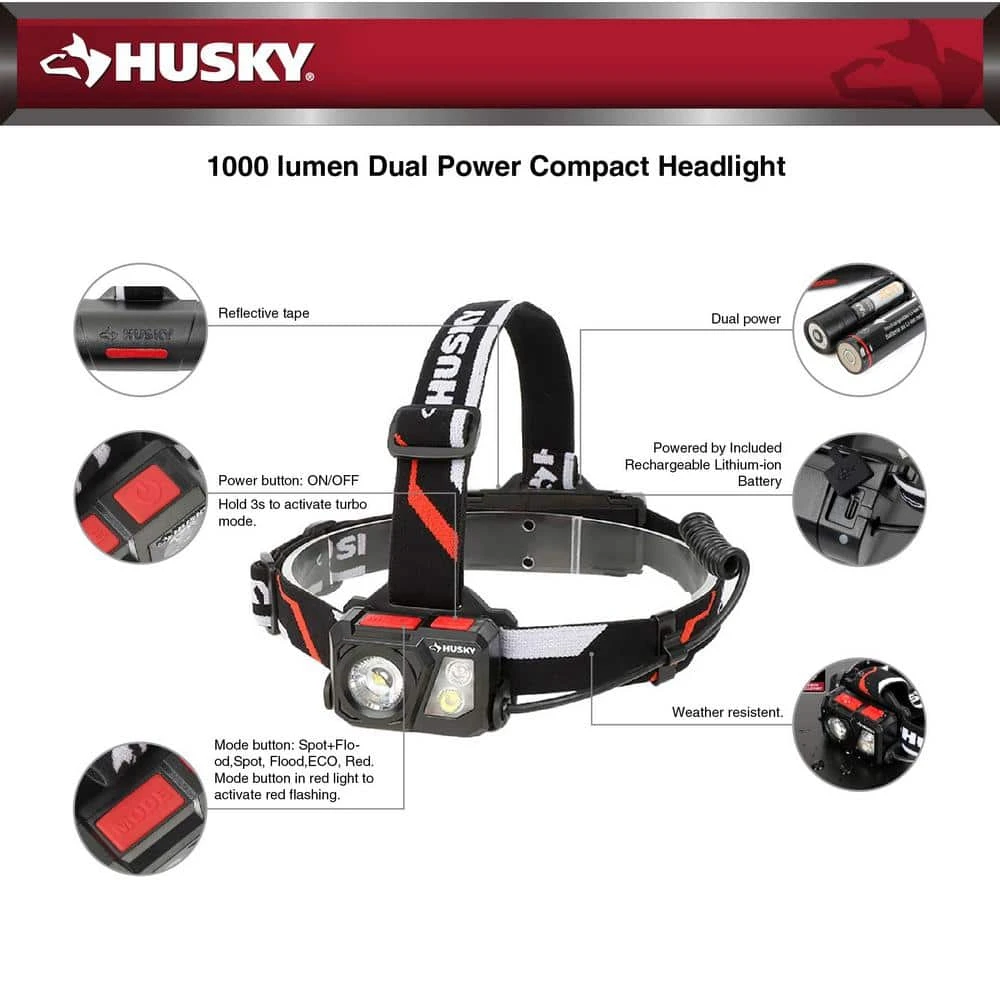 Husky 1000 Lumens Dual Power Compact Rechargeable Headlamp 9 Husky 1000 Lumens Dual Power Compact Rechargeable Headlamp - Image 9