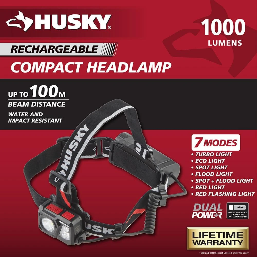 Husky 1000 Lumens Dual Power Compact Rechargeable Headlamp 2 Husky 1000 Lumens Dual Power Compact Rechargeable Headlamp - Image 2