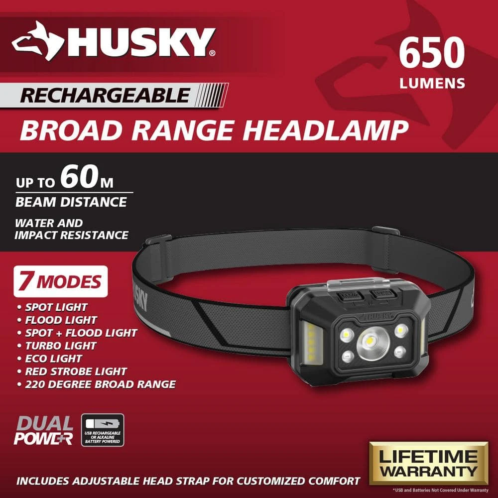 Husky 650 Lumens Dual-Power Broad Range LED Headlamp 7 Modes With USB Port And Rechargeable Battery 3 Husky 650 Lumens Dual-Power Broad Range LED Headlamp 7 Modes With USB Port And Rechargeable Battery - Image 3