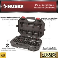 Husky 3/8 In. Drive SAE/Metric 6-Point Impact Socket Set (44-Piece) -Husky Shop husky impact socket sets h3d44pcimpsas a0 1000