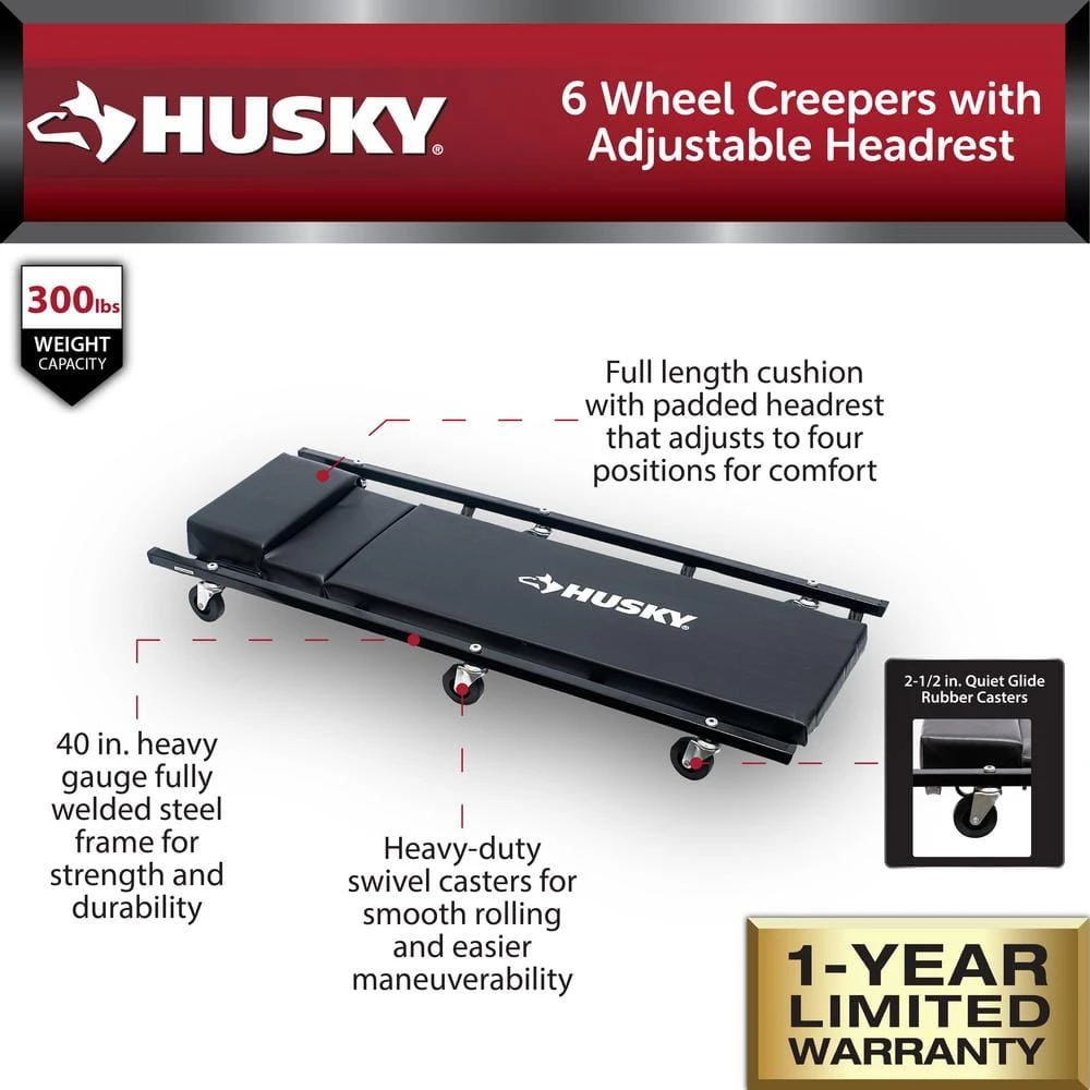 Husky 6 Wheel Automotive Creepers With Adjustable Headrest And 300 Lbs. Weight Capacity 2 Husky 6 Wheel Automotive Creepers With Adjustable Headrest And 300 Lbs. Weight Capacity - Image 2