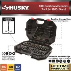 Husky 1/4 In., 3/8 In. And 1/2 In. Drive 100-Position Universal SAE And Metric Mechanics Tool Set (105-Piece) -Husky Shop husky mechanics tool sets h100105mtsn 40 1000