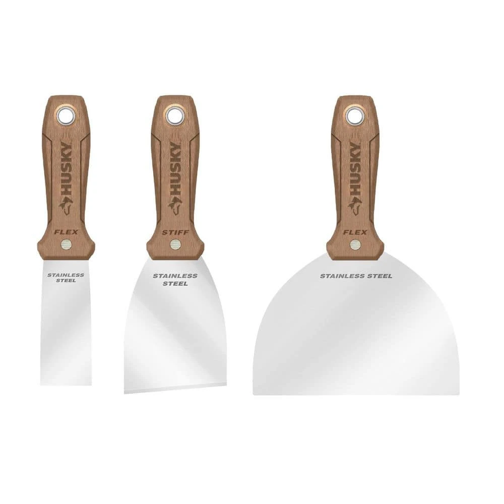 Husky 3-Pack Wooden Handle Putty Knife And Scraper Set With Stainless Steel Blade 1 Husky 3-Pack Wooden Handle Putty Knife And Scraper Set With Stainless Steel Blade